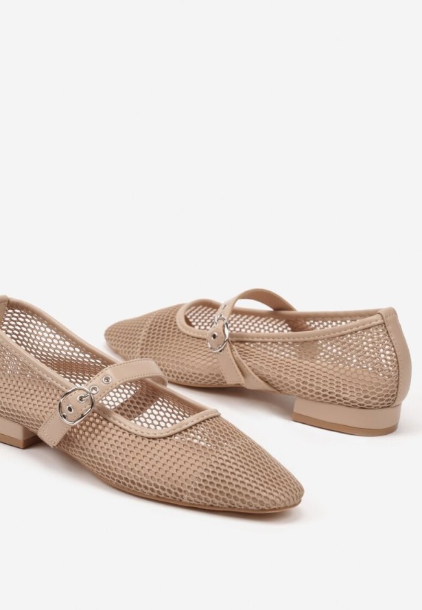 Ciemnobeżowe Czółenka Balerinki Siateczkowe na Niskim Obcasie ze Sprzączką Ellanora