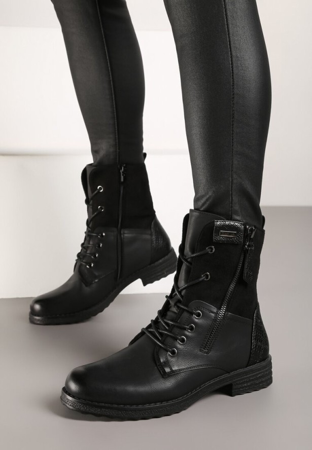 Czarne Botki za Kostkę z Wiązaniem Rahwa