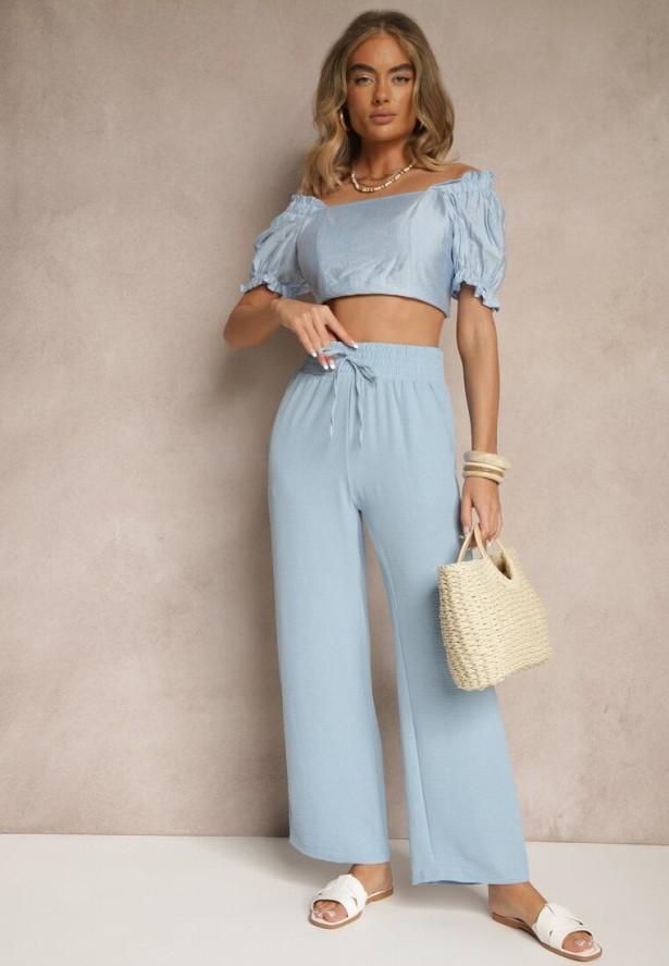 Jasnoniebieskie Szerokie Spodnie High Waist z Gumką w Pasie Savimirae