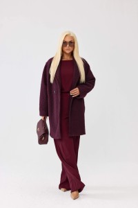 Damski płaszcz Isabella z tkaniny bukla w kolorze burgundowym - elegancja i komfort PLUS SIZE XXL OVERSIZE JESIEŃ