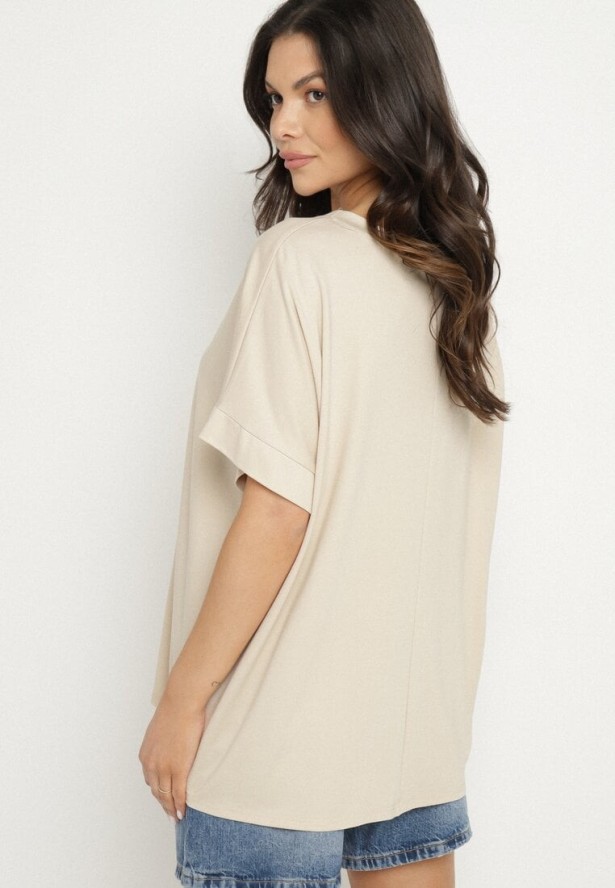 Beżowy T-shirt z Wiskozą o Kroju Nietoperza Tanariona