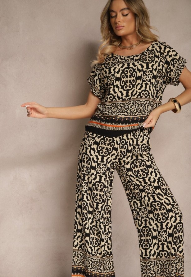 Czarny Komplet Spodnie i Bluzka z Bawełny w Ornamentalny Print Nanitria