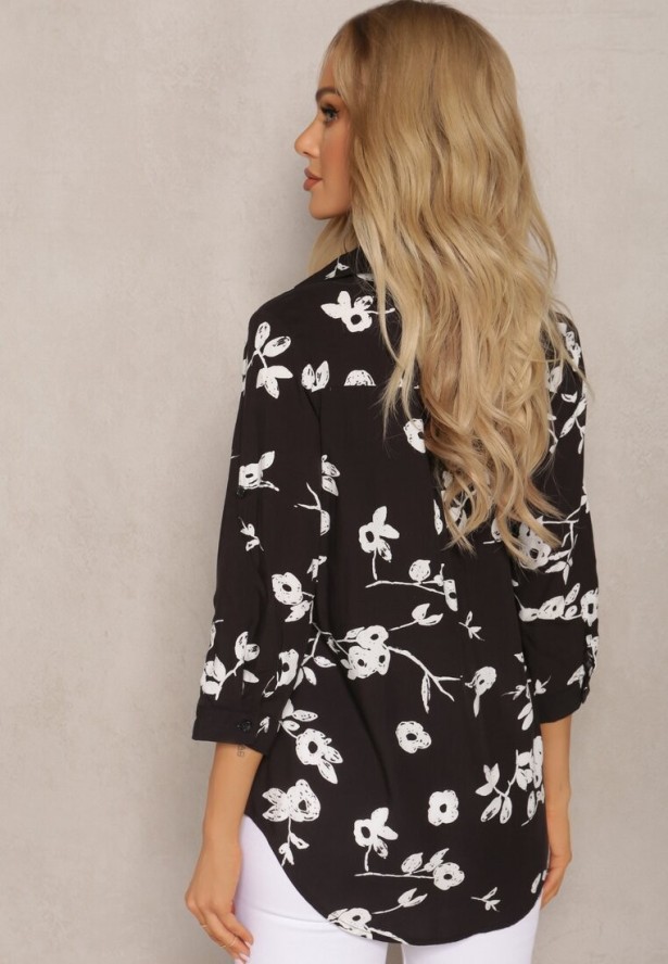 Czarna Koszula Typu Kimono z Bawełny i Wiskozy w Kwiatowy Wzór Carlania