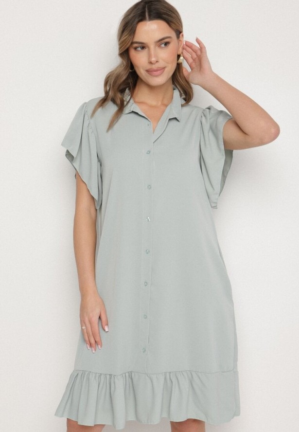 Jasnozielona Sukienka Koszulowa z Guzikami i Falbankami Tenalena