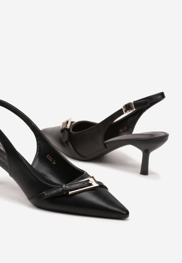 Czarne Sandały na Szpilce Typu Slingback Ozdobione Paskiem z Klamrą Karilen