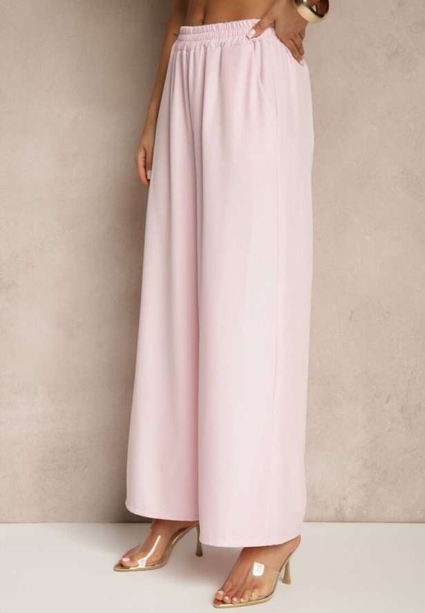 Różowy Komplet Garniturowy Szerokie Spodnie i Marynarka z Paskiem Solsedi