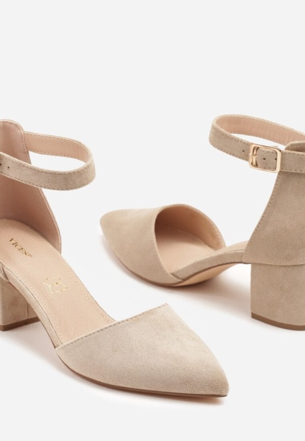 Ciemnobeżowe Czółenka na Obcasie Vices ze Skórzaną Wkładką i Ozdobnym Paskiem Nurisella