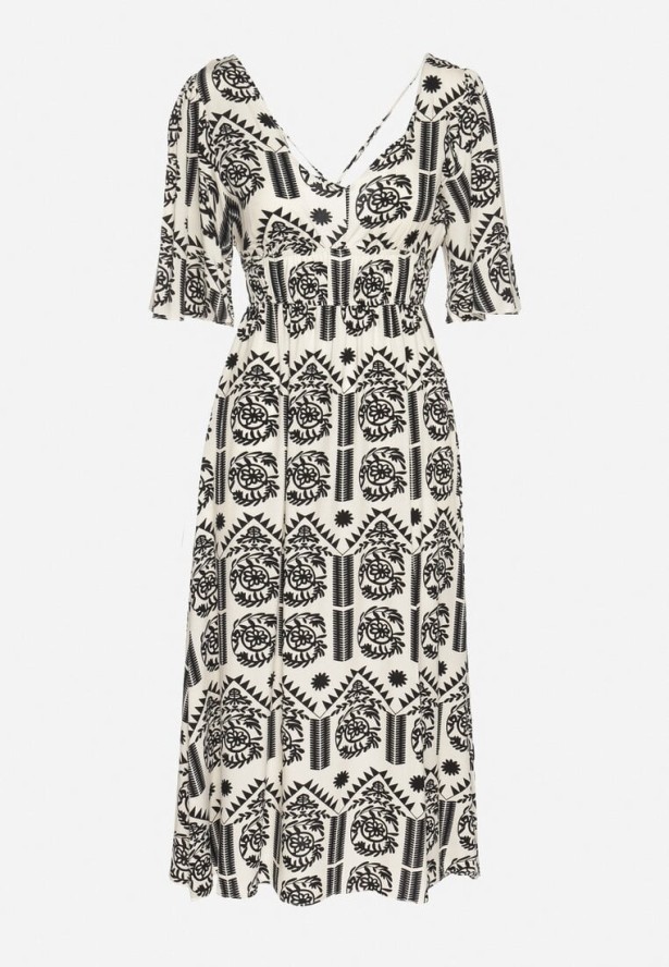 Czarno-Kremowa Sukienka Wiskozowa Rozkloszowana z Odkrytymi Plecami w Print Boho Turaisa