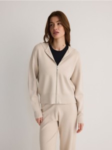 Rozpinany sweter z kapturem - kremowy