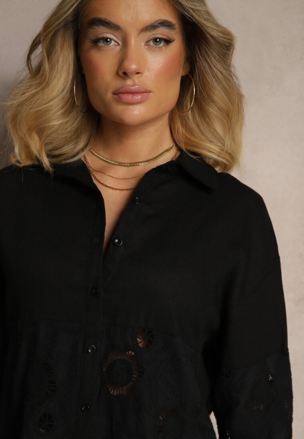 Czarna Koszula Oversize z Lnem Zdobiona Ażurowymi Wstawkami Dannivra