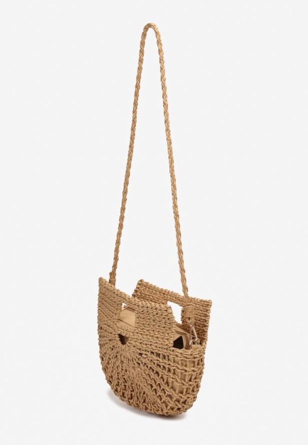 Ciemnobeżowa Geometryczna Torebka z Rączkami i Paskiem na Ramię Eporemia