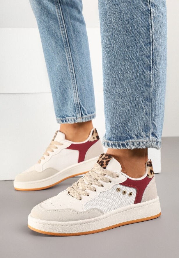 Beżowo-Bordowe Streetwearowe Sneakersy Zdobione Przeszyciami Neonisea