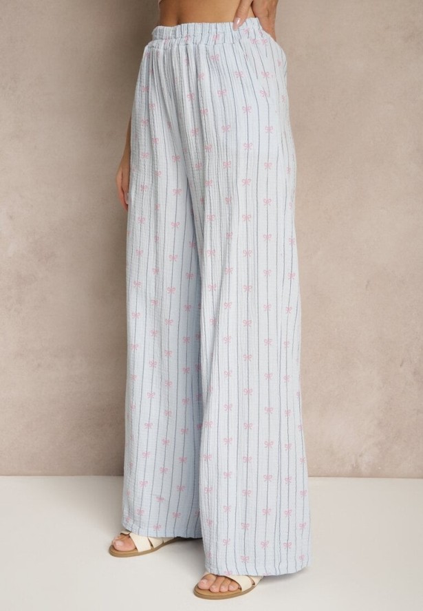 Niebieskie Bawełniane Spodnie Szerokie High Waist w Paski i Kokardy Reivira