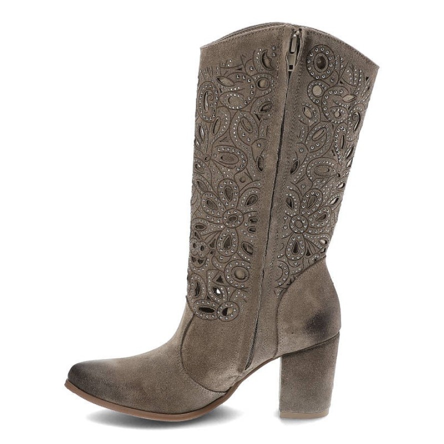 Kowbojki damskie Exquisite, ażurowa cholewka z dekoracyjnym wycinaniem naturalna faktura materiału stabilny obcas, taupe, 1289