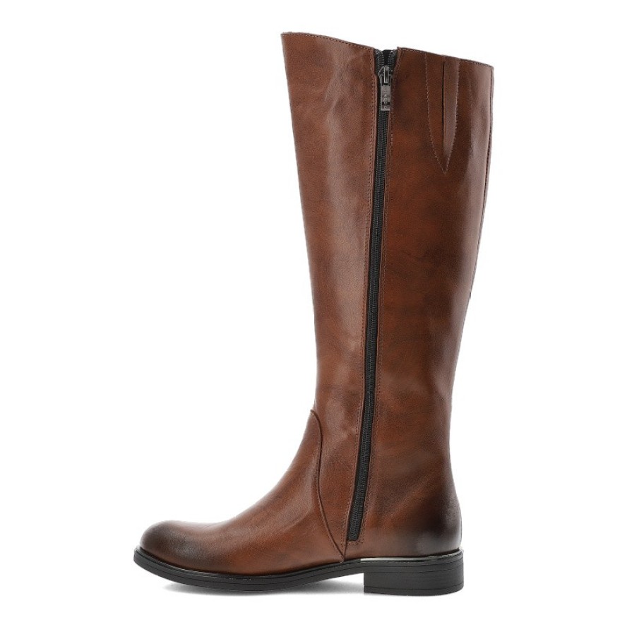 Kozaki damskie Armodo, skórzana wysoka cholewka na zamek z okrągłym noskiem i na płaskim obcasie, rude, 70150-S