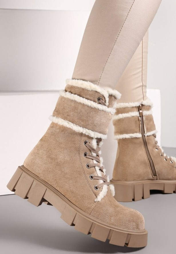 Ciemnobeżowe Botki Workery z Futerkiem Kyame