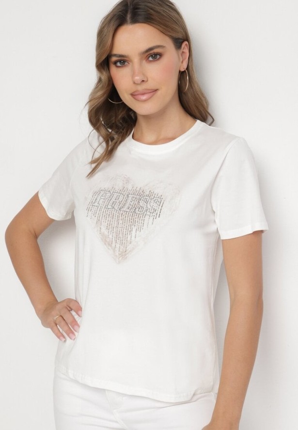 Biała Bawełniana Bluzka z Napisem i Cyrkoniowym Sercem Marilys