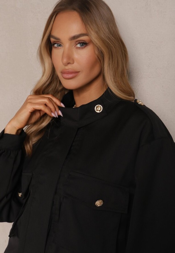 Czarna Pudełkowa Kurtka ze Stójką i Troczkiem w Pasie Zdobiona Guzikami Casalla