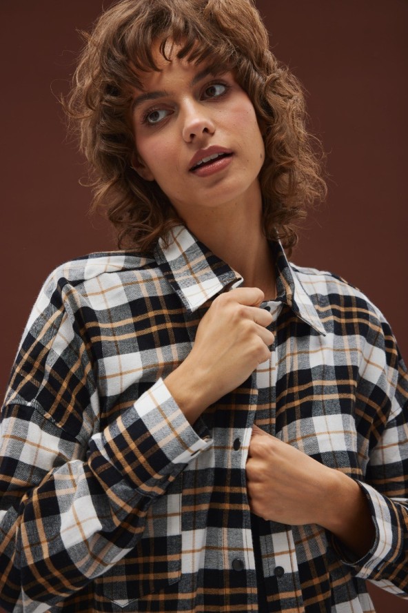 Koszula typu oversize w kratę CZARNO BEŻOWĄ - RENO