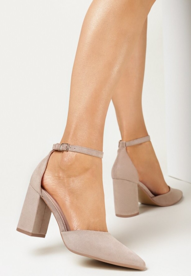 Ciemnobeżowe Czółenka na Słupkowym Obcasie ze Sprzączką Alexus