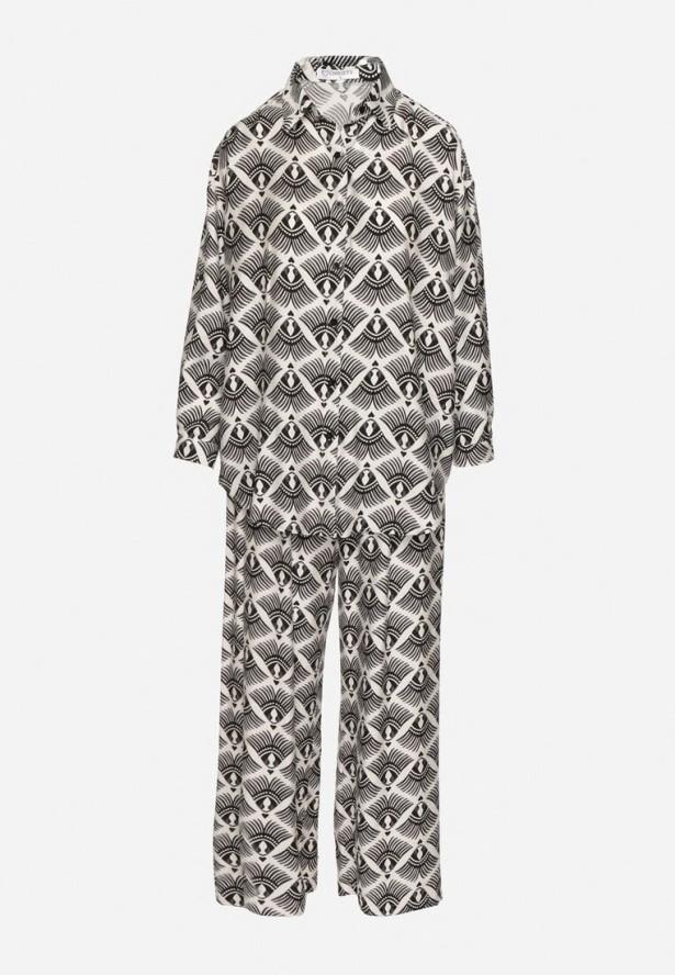 Czarny Komplet z Wiskozą w Etniczny Wzór Szerokie Spodnie i Koszula Elezaria