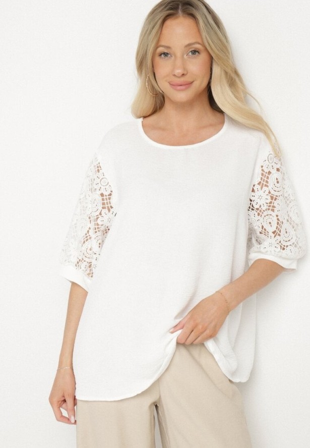 Biała Bluzka z Koronkowymi Rękawami Jenavessa