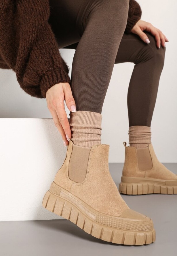 Beżowe Botki Sztyblety na Platformie Velar