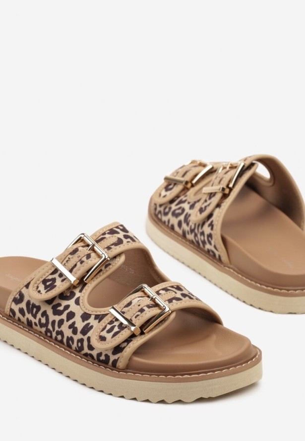 Beżowe Panterkowe Klasyczne Klapki z Paskami z Klamrami Palavenna