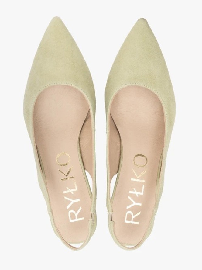 Jasnozielone czółenka slingback ze skóry welurowej