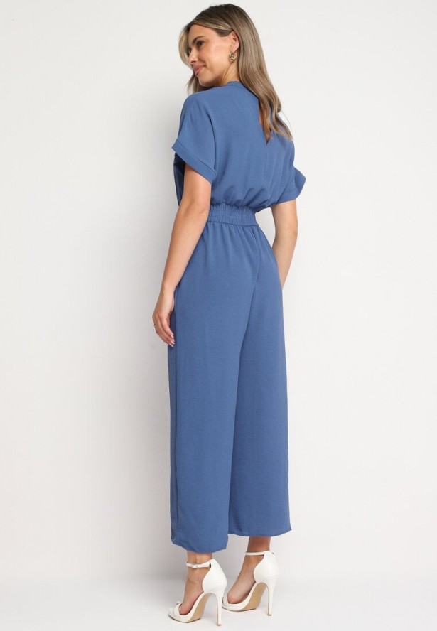 Granatowy Wiskozowy Kombinezon o Taliowanym Kroju z Szerokimi Nogawkami Delsea