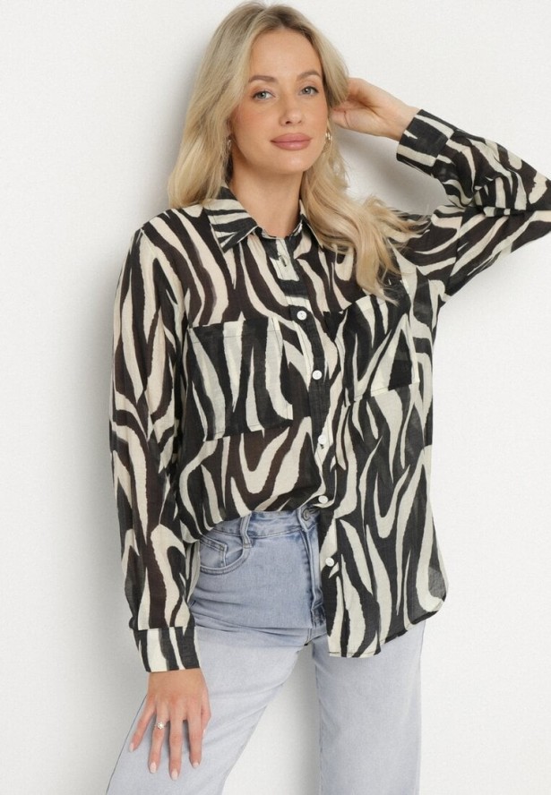 Czarna Klasyczna Koszula w Zebrę z Przezroczystej Tkaniny z Wiskozy Bovianne
