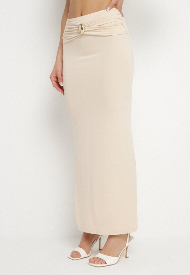 Beżowy Komplet z Wiskozą Top na Ramiączkach i Spódnica z Rozcięciem Savolise