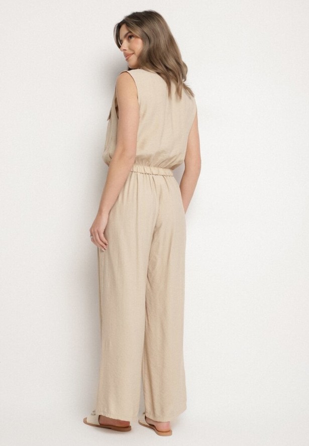 Ciemnobeżowy Wiskozowy Komplet Krótka Bluzka na Guziki Szerokie Spodnie z Gumką w Talii Rissanama