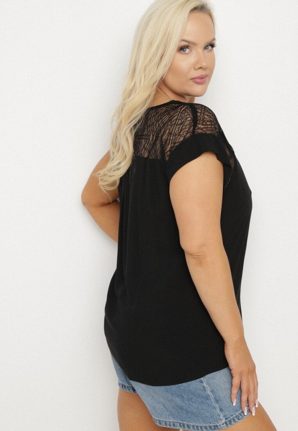 Czarna Bluzka z Wiskozy z Przezroczystymi Wstawkami Zelauri