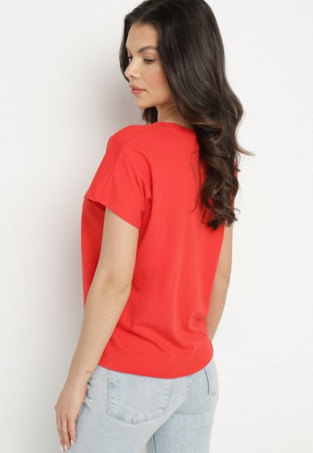 Czerwony T-shirt z Bawełny z Ozdobnym Wiązaniem Sunitra