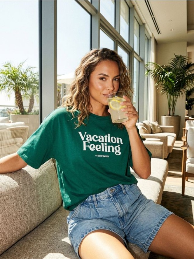 Bawełniana koszulka z napisem - ciemny turkus