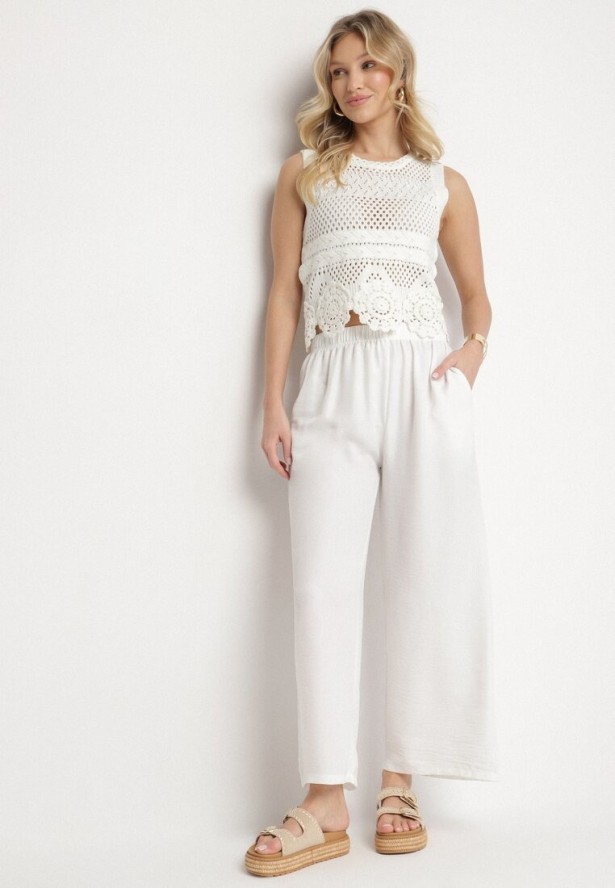 Białe Szerokie Spodnie Palazzo z Wysokim Stanem Aranwenna