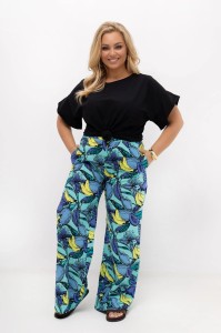 Turkusowe spodnie Marisa w owocowy wzór | Prosta nogawka | Rayon z bawełną | PLUS SIZE OVERSIZE LATO