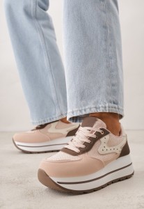 Różowe Sneakersy na Grubej Podeszwie z Perforacją i Tweedowymi Wstawkami Idaphyphe