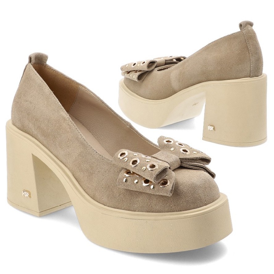 Beżowe Półbuty Karino Stylowe Obuwie Damskie Na Obcasie