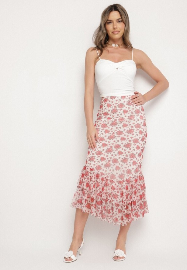 Biało-Czerwona Spódnica o Dopasowanym Kroju Zdobiona Falbanką Efririsse