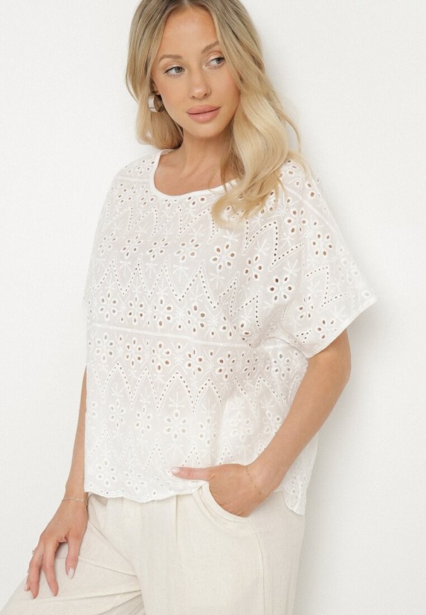 Biała Ażurowa Bluzka z Bawełny Volleira