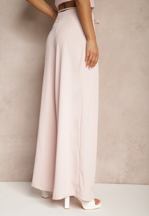 Różowe Szerokie Spodnie High Waist Zapinane na Suwak z Wiązaniem w Talii Vikonnia