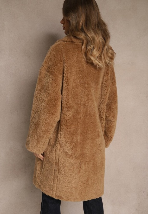 Brązowy Płaszcz Teddy o Dwurzędowym Kroju Oversize Azzena