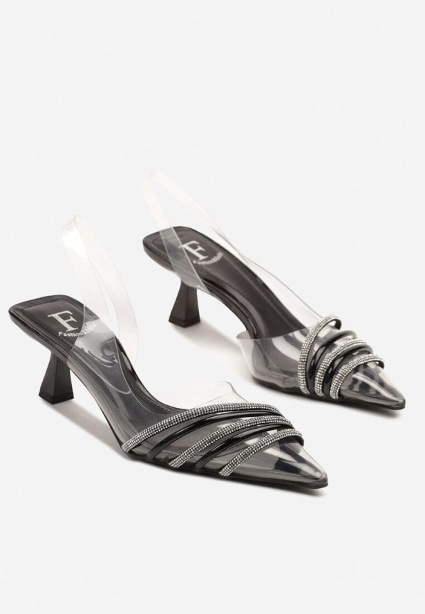 Czarne Przezroczyste Sandały na Szpilce Kaczuszce z Cyrkoniami Finretia