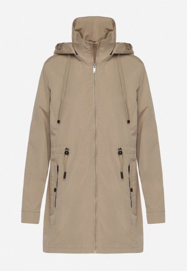 Ciemnobeżowa Kurtka Parka ze Sznurkiem w Talii i Kapturem Teridi