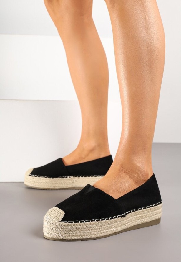 Czarne Espadryle na Plecionej Podeszwie z Ozdobnymi Noskami Litherise