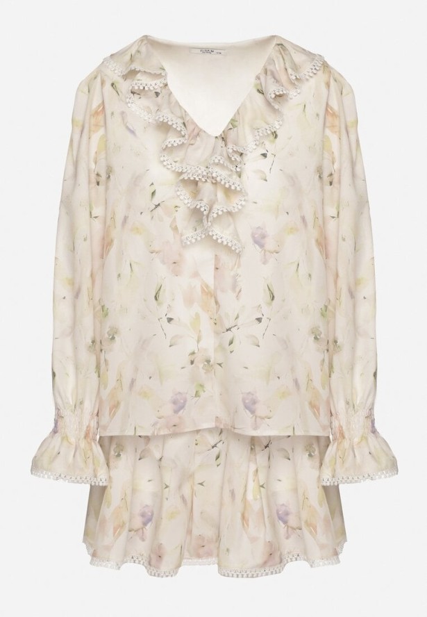 Beżowo-Żółty Wiskozowy Komplet z Falbankami Bluzka i Spódnica Istebia