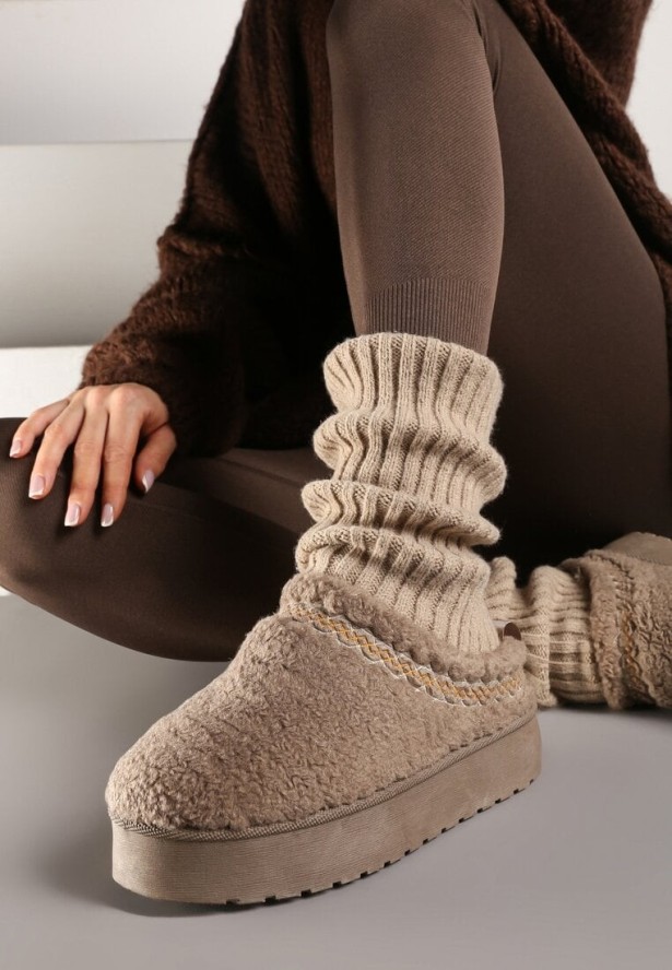 Ciemnobeżowe Wsuwane Kapcie na Platformie z Ozdobnym Haftem Olisia