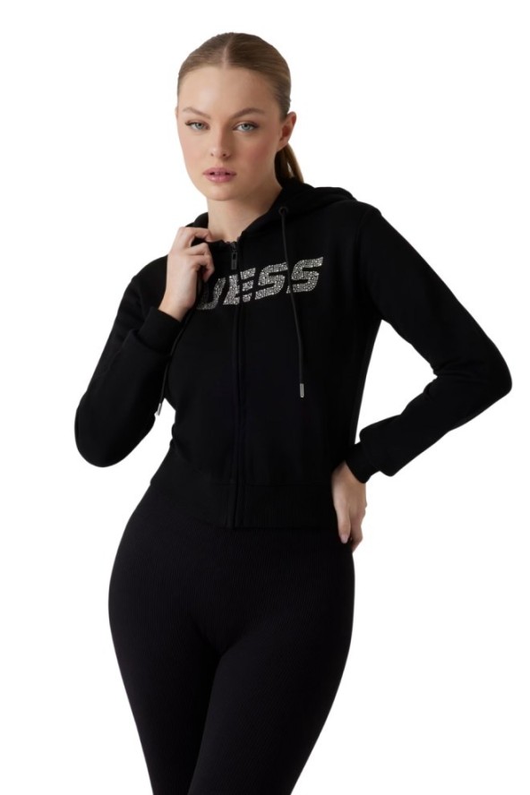 GUESS Czarna damska bluza z cyrkoniami Primula, Rozmiar M